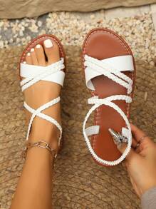 Platte sandalen voor dames, zomermode geweven instappers voor op het strand, woon-werkverkeer en vakantiekleding, bungee casual sandalen