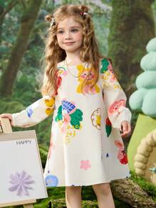ASK JUNIOR ASK JUNIOR Girls Digital Print Mid-Length A-Line Dress With Puff Sleeves, Spring/Autumn