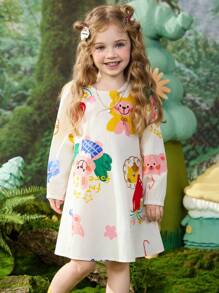 ASK JUNIOR ASK JUNIOR Girls Digital Print Mid-Length A-Line Dress With Puff Sleeves, Spring/Autumn