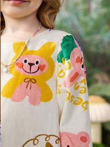 ASK JUNIOR ASK JUNIOR Girls Digital Print Mid-Length A-Line Dress With Puff Sleeves, Spring/Autumn