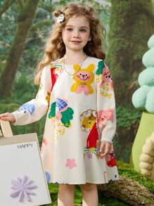 ASK JUNIOR ASK JUNIOR Girls Digital Print Mid-Length A-Line Dress With Puff Sleeves, Spring/Autumn