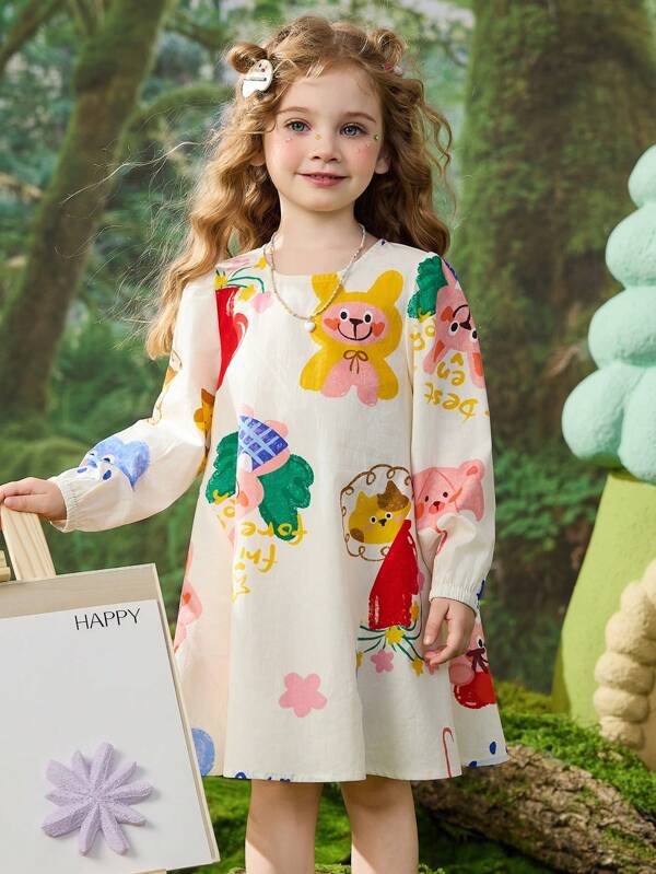 ASK JUNIOR Young Girls Spring Digital Print Mid Length A-Line Dress With Puff Sleeves, Little Young Girl