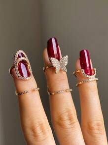 3 件套优雅水钻几何蝴蝶指甲套可调节环，女士时尚配饰 - 金色 - 查看 3