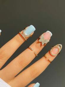 3 件套优雅水钻几何蝴蝶指甲套可调节环，女士时尚配饰 - 金色 - 查看 2