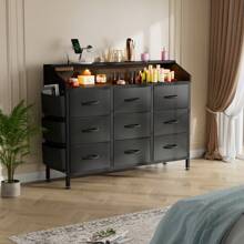 GIKPAL Dresser For Bedroom With Charging Station And RGB LED Lights, Wide Fabric Dresser For Storage And Organization With 9 Drawers - Black PU - View 11