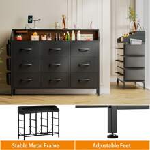 GIKPAL Dresser For Bedroom With Charging Station And RGB LED Lights, Wide Fabric Dresser For Storage And Organization With 9 Drawers - Black PU - View 6
