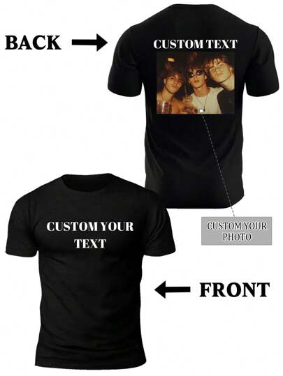 Personalized Photo Customized Men's T-Shirt, Spring/Summer, Upload Your Photo/Group Photo/Lover/Family/Pet/Best Friend/Landscape, Input Your Text/Name/Message/Fun Text/Blessing, Men's Round Neck Short Sleeve T-Shirt, Black, Holiday Gift, Valentine's Day/Birthday/Anniversary Photo Customization, Gift For Him, Spring/Summer Short Sleeve Ornamental,Dawg Stylish,Fashion,Hipster,Contracted,Easy Costume,Modest Fashion,Minimal Chic,Casual Custom,Unique,Personalized Ideal Gifts For Him Family,Boyfriend,Friends,Children,Customized Men Tops,Street Casual Chic