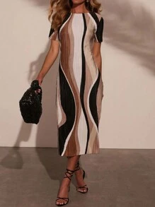 女士圆领短袖印花休闲优雅连衣裙 - 彩色 - 查看 5