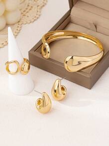 3 sztuki Elegancki metalowy projekt kropli wody Otwarty pierścień, bransoletka i zestaw kolczyków, modna masywna biżuteria - Nowy garnitur - Zobacz 16