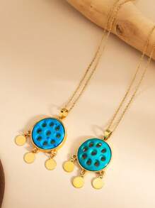 1 件甜美波西米亚蓝色九孔亚述眼镂空吊坠项链圆形流苏项链适合女孩和女士每天佩戴作为节日礼物 - 金黃色 - 查看 6