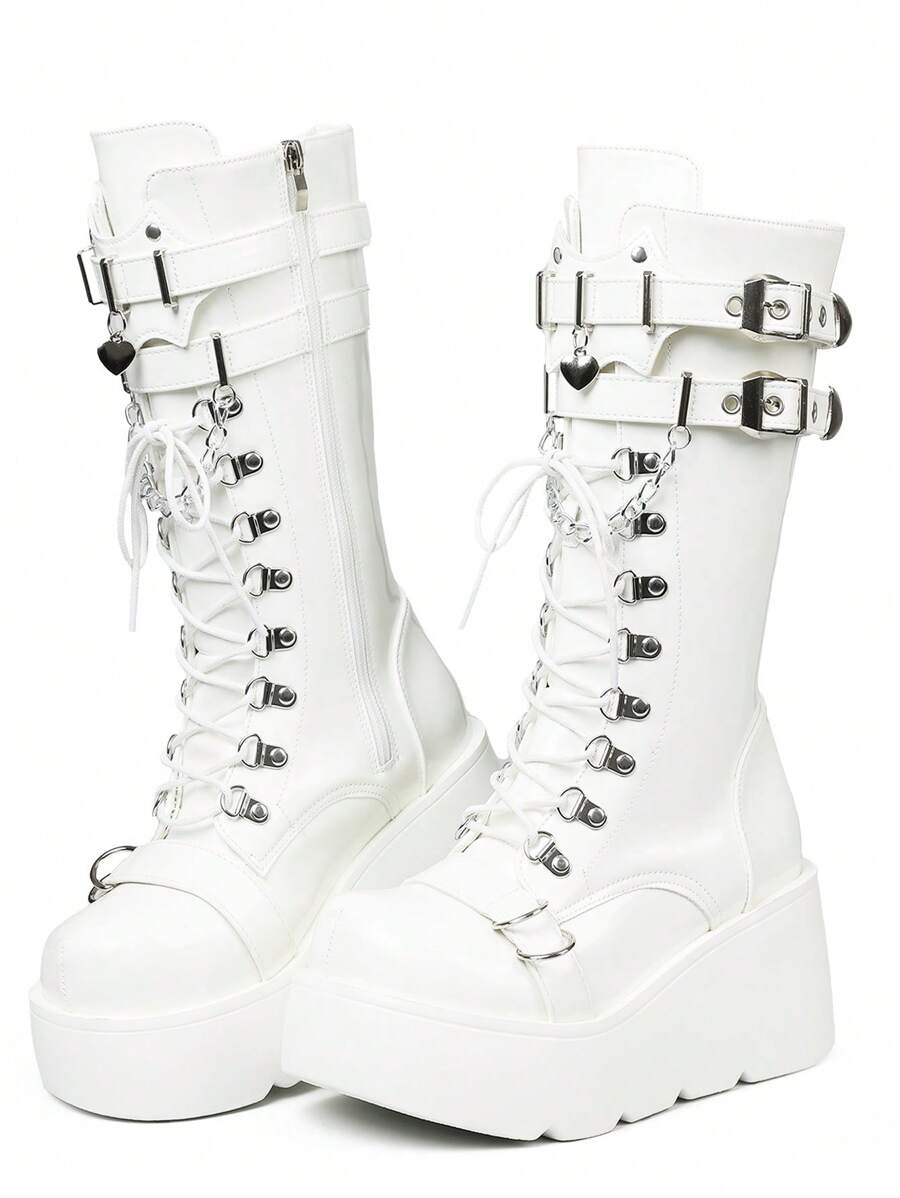 Goth Platform Boots For Women Back To School Punk Motorcycle Boots Mid Calf Round Toe Boots Back Zip Wedges Fall Boots - White - View 1