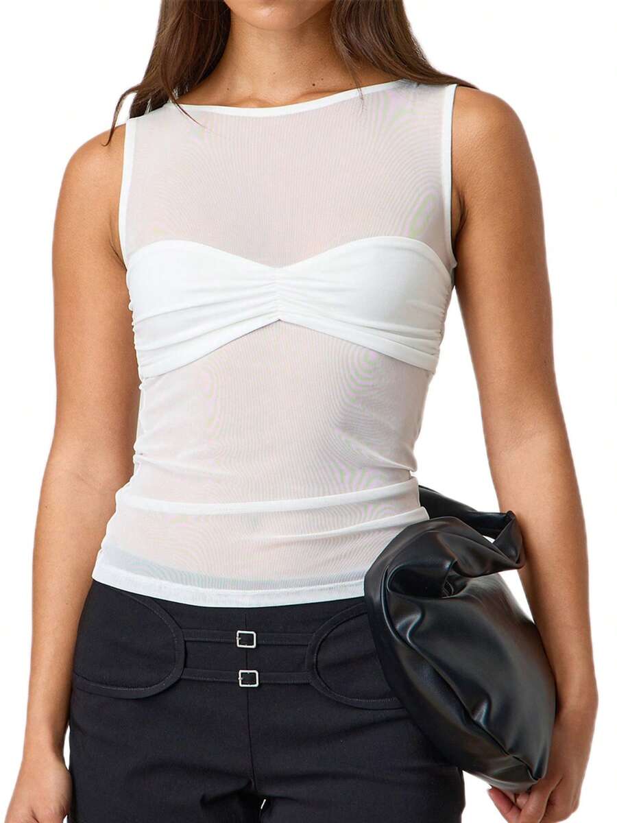Women's Sheer Mesh Tank Tops Sleeveless Round Neck Solid Color Slim Fit Ruched Vest - Blanco - Ver 1
