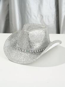 1 件时尚闪亮钻石提花涤纶软帽 - 嘻哈爵士牛仔帽风格，具有防晒功能，是派对和庆典的完美男女通用服装 - 銀色 - 查看 9