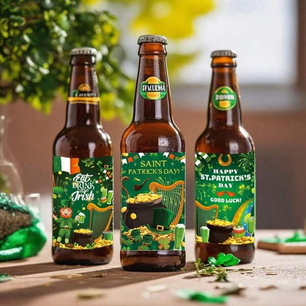 12 Stücke/Packung St. Patrick's Day Flaschenetiketten, irische Party Dekorationen, wasserfeste Getränkeflaschenetiketten, geeignet für Neujahr, Valentinstag, St. Patrick's Day, Abschluss, Hochzeit und Geschenke für Familie, Freunde, Verwandte
