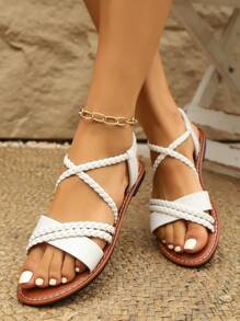 Platte sandalen voor dames, zomermode geweven instappers voor op het strand, woon-werkverkeer en vakantiekleding, bungee casual sandalen