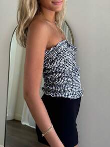 Women's Crop Tube Tops Slim Fit Off Shoulder Backless Strapless Sleeveless Plaid Ruffled Shirt For Summer - Black - View 5