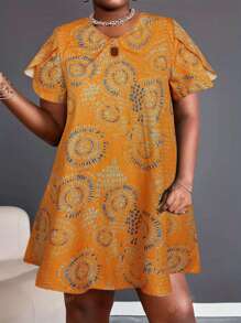 Vestito corto casual da donna taglie forti, stile europeo e americano, stile vacanze estive, nuova stampa a motivo semplice con scollo a V, nero, a maniche corte