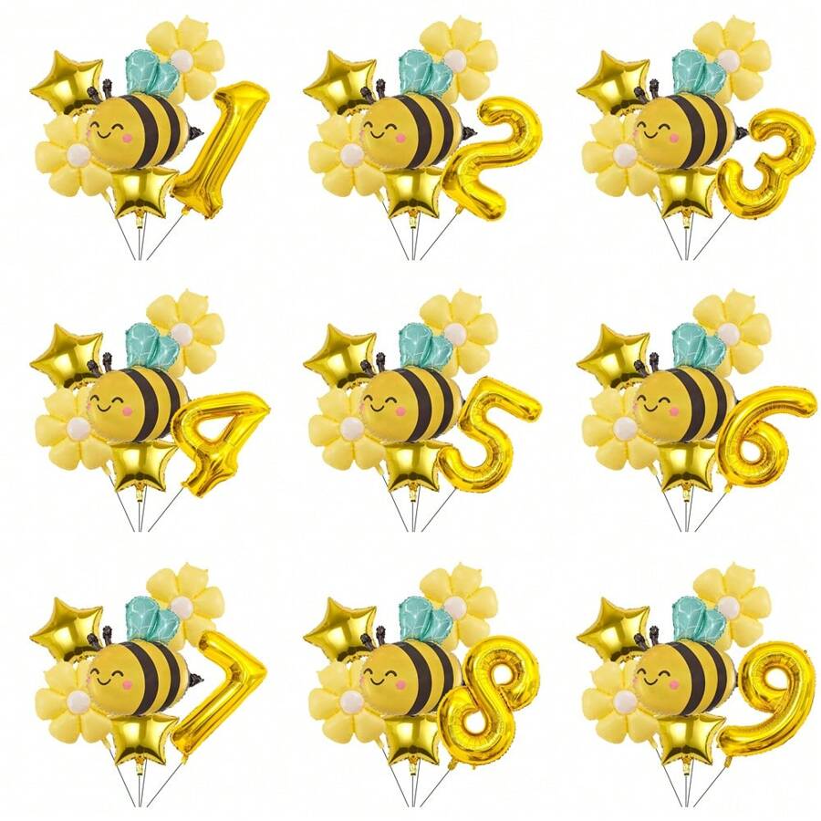 Insect Shaped Bee Balloon, Bee Daisy 18-Inch, Gold Star 32-Inch Aluminum Foil Balloon Set, Suitable For Birthday, Party, Decoration