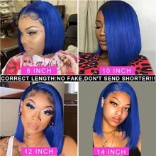 Short Bob Blue Colored 13X4 Lace Part Transparent Lace Peruvian Virgin Hair Wig For Women Really Human Wig Straight Wig For Women Halloween Costumes
