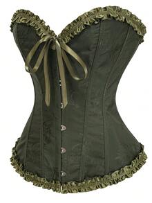 女式嵌花系带后背紧身胸衣短款上衣，适合新年派对、情人节、节日穿着、毕业典礼 - 軍綠色 - 查看 2