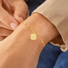 1 件密镶锆石块字母空心椭圆形金色不锈钢珠链女式手链 - 金黃色 - 查看 1