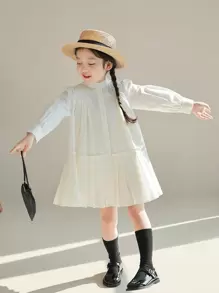 Đầm xếp ly cổ đứng dáng rộng thời trang cổ điển cho bé gái mùa xuân/thu. - trắng - Xem 4