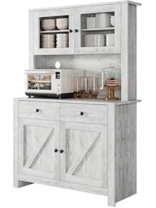 Kitchen Pantry Cabinet With Microwave Stand, Freestanding Hutch With Drawers, Doors & Adjustable Shelves, Buffet Cabinet With Storage, Food Pantry For Kitchen, Dining Room, White/Black/Gray - 灰色 - 查看 6
