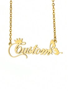 Customized Crown & Butterfly Name Necklace, Stainless Steel Personalized Pendant Necklace, Unique Jewelry Gift For Birthday, New Year - Yellow Gold - View 6