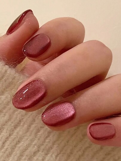 24Pcs Cat Eyes Glittering Oval Medium Size Acrylic Fake Nails, Glossy Pink Sweet Color, Full Cover Laser Sparkle Artificial Round Nails Set, For Women & Girls Press On Nails Nail Supplies Nails