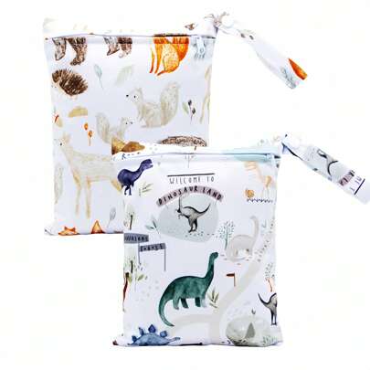 2pcs Cartoon Wet Wipe Bags, Waterproof Polyester Beach Diaper Laundry Bags, Large Swimming Dry Bag, Small Cosmetic Travel Zipper Toiletry Bag (Girls Version)