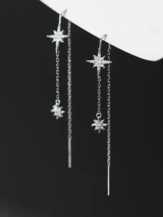  1 Pair S925 Sterling Silver Star Tassel Earrings For Women, Minimalist Elegant Style Dangle Earline, Fashionable Versatile Jewelry Gift