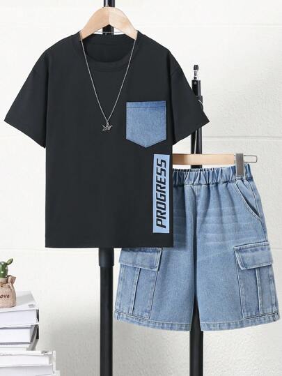 2st/set Tween Boys' Daily Casual Fashion Denim Ficktryck Kortärmad T-shirt och Cargo Shorts Set, vår/sommar