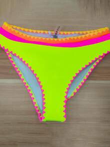 popvil Women 2-Piece Color Block Bandeau Triangle Bikini Set, Summer Swimming Pool Beach Vacation Bikini Set Summer Beach - Multicolor - View 2