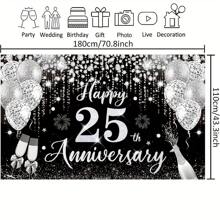 1 pièce Décorations pour 25e anniversaire de mariage, Bannière noire et argentée Joyeux 25e anniversaire 180 cm x 110 cm/70,8 po x 43,3 po, Toile de fond pour photographie de 25e anniversaire, Convient pour fournitures de fête du 25e anniversaire de mariage argent