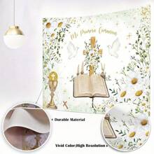 1 pieza de Pancarta de decoración para la Primera Comunión en poliéster, Fondo colgante con diseño bendición de Dios bautista, cinta de encaje rústico blanco y diseño de cruz, sin necesidad de electricidad, apta para decoración de ceremonia de Navidad y fotografía de de recién nacidos
