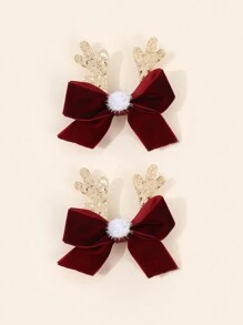 2pcs Christmas Red Velvet Hair Bow Clips For Girls Kids,Cute Antlers Decor Hair Bows, Christmas Accessories,Christmas Gifts Hairpins