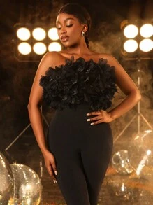 Faeriesty Elegant Strapless Applique Detail Party Jumpsuit - Black - View 8