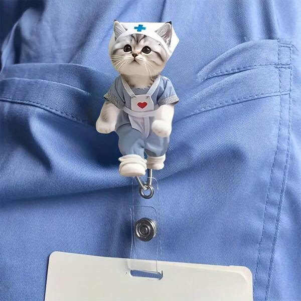 1Pc Cute Nurse Running Cat Retractable Badge Reel Holder, Acrylic PMMA Material, ID Card Clip For Nurses, Care Name Tag, Students, Doctors, Registered Nurses, Practice Nurses - Roll Axis Label Card Holder With Clip, Nurse Accessories For Work,School Supplies,Back To School