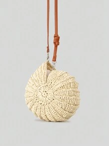 创意海螺设计草编单肩包趣味纸编织斜挎包可爱夏季沙滩包小号女式钱包 - 米色 - 查看 2