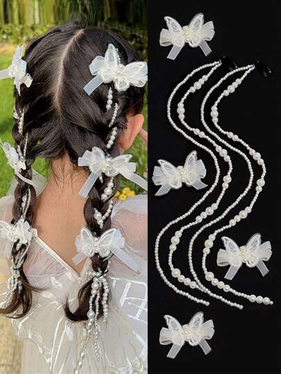 6 Pcs/Set Girls Butterfly Hair Clip Princess Ribbon Braided Hair Accessories Pearl Hair Band