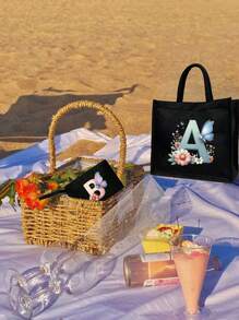 Color Gradient Butterfly Flower Letter A-Z Pattern Tote And Cosmetic Bag Set, Casual Style, Fabric Structure - Black - View 8