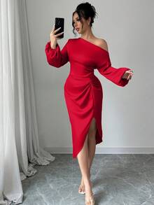 abyoxi Red Color Elegant Asymmetrical Neck Long Sleeve Waist Handmade Pleated Sexy Satin Dress,Wedding Dating Dress,Party,Simple,Back To School,Fall/Winter Clothes For Women