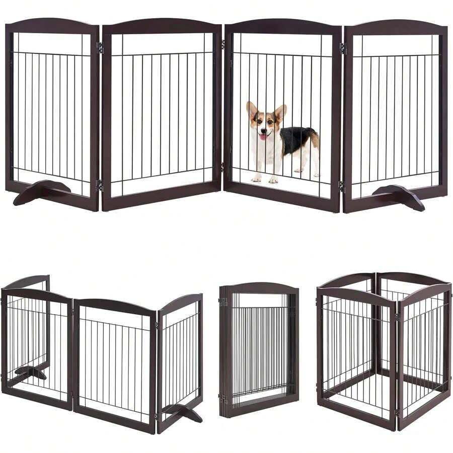 Extra Wide Dog Gate Freestanding Pet Gate For Dogs,Foldable Puppy Fence With Support Feet Suitable For Doorway, Stairs,98 In Wide 32 In Tall (4-Panel,Espresso) - Espresso - View 1