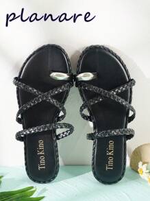 planare Women's Shoes Black Braided Flat Sandals, Gladiator Thong Round Open Toe Vintage Slides Sandals, Slip-On Roman Sandals, Crisscross Strappy Comfortable Beach Shoes Casual Walking Shoes Boho Casual Sandals Easy Wear Dress Shoes Comfortable