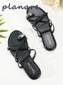 planare Women's Shoes Black Braided Flat Sandals, Gladiator Thong Round Open Toe Vintage Slides Sandals, Slip-On Roman Sandals, Crisscross Strappy Comfortable Beach Shoes Casual Walking Shoes Boho Casual Sandals Easy Wear Dress Shoes Comfortable