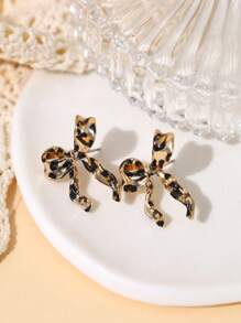 1 对复古创意打结蝴蝶结耳环，适合派对、度假、休闲、百搭 - 豹紋色 - 查看 4