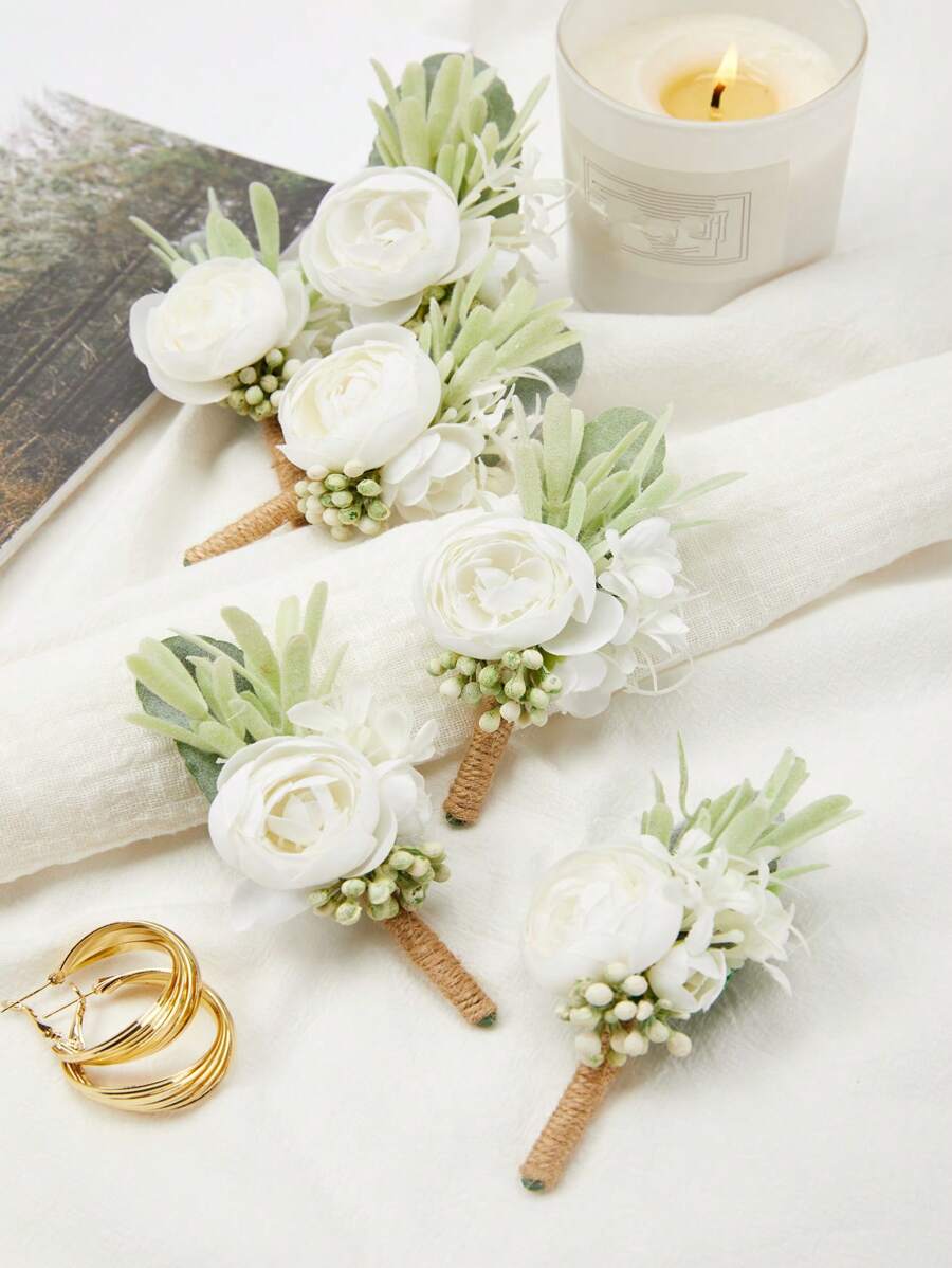 6枚男士婚礼胸花，人造丝玫瑰花，适合新郎伴郎婚礼装饰，优雅绳编胸花，完美适用于舞会、订婚仪式、周年纪念晚宴装饰、情人节配饰 - 彩色 - 查看 1