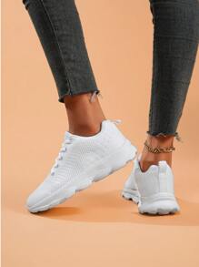 Women's Outdoor Casual Lightweight White Solid Color Breathable Non-Slip Athletic Running Shoes, Suitable For Spring/Autumn