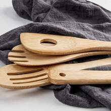 8 piezas/1 pieza Juego de utensilios de cocina de bambú con cubo de almacenamiento para cubiertos y pinzas para alimentos - Albaricoque - Ver 4