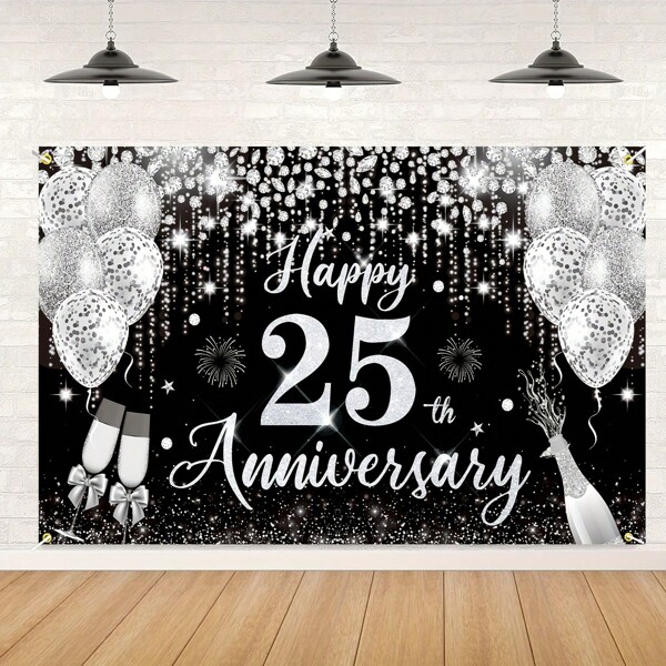 1 Stück 25. Hochzeitstag Dekorationen, schwarz-silbernes "Glücklich 25. Jahrestag" Banner 180 cm x 110 cm, 25. Hochzeitstag Fotohintergrund, geeignet für 25. Silberhochzeit Partyartikel